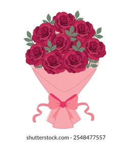 Bouquet roses. Elegant bouquet of red roses wrapped in pink paper with a decorative ribbon bow. Design for banners, cards, flyers, celebration, wedding, invitation, social media wallpapers.