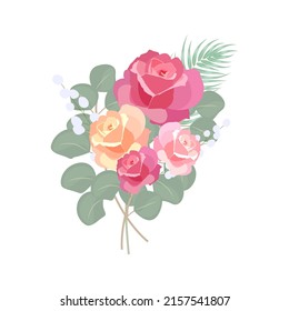 Bouquet with roses and eucalyptus leaves, vector  isolated on white background,  plants, botanical design for fashion, fabric, wallpaper
 