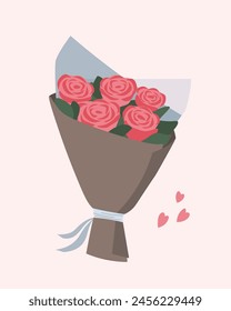 A bouquet of roses in a festive package. Bunch of beautiful flowers with leaves. Gift for birthday, valentine's day. Vetornaya graphics.