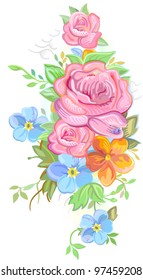 Bouquet of roses and forget-me-not isolated on white background (vector)