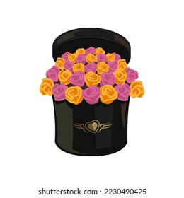 Bouquet of roses in gift box cartoon illustration. Gorgeous pink and yellow flowers wrapped in beautiful package. Flower delivery, transportation, service concept