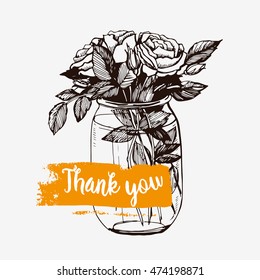 Bouquet of roses in a glass jar with the words thank you. Vector. Illustration for greeting cards, invitations, and other printing projects.