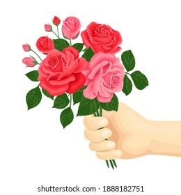 Bouquet of roses in hand isolated on white background. Vector illustration of beautiful flowers in cartoon flat style.