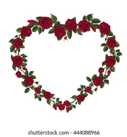 Bouquet of roses in a heart shape symbol. Vector floral frame for greeting or wedding card.