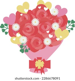 Bouquet of roses and hearts red yellow pink