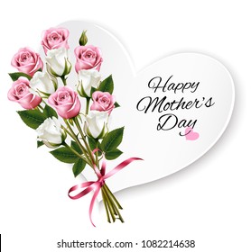 Bouquet of roses with a heart-shaped Happy Mother's Day note and red ribbon. Vector.