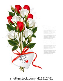 Bouquet of roses with a heart-shaped Happy Mother's Day note and red ribbon. Vector.