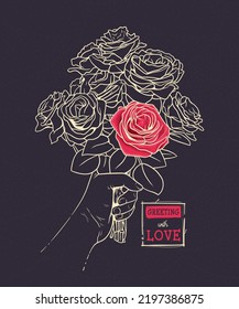 Bouquet of roses held by a woman's hand vector line art illustration