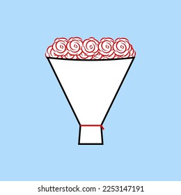 Bouquet of roses isolated on background. Beautiful line art clip art. Bunch of red flowers in paper packaging. Minimalist icon. Vector illustration