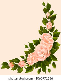 Bouquet of roses with leaves in the corner. Flower arrangement. Vector illustration