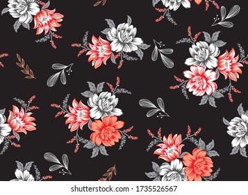 Bouquet roses with leaves pattern on black background
