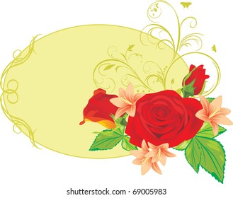 Bouquet of roses and lilies in the decorative frame. Vector