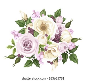 Bouquet of roses and lisianthus flowers. Vector illustration.