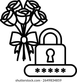A bouquet of roses is next to a lock with a keyhole. The lock is open, and the keyhole is visible
