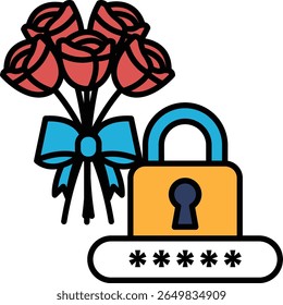 Um buquê de rosas está ao lado de uma fechadura com um buraco de fechadura. O cadeado é amarelo e as rosas são vermelhas