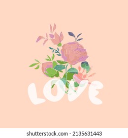 Bouquet of roses on the pink. Lettering Love.  Bridal bouquet. Vector illustration.