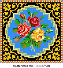 Bouquet of roses and ornamented border frame. Cross stitch pattern. Multicolor retro pattern. Vector illustration. Pixel art illustration