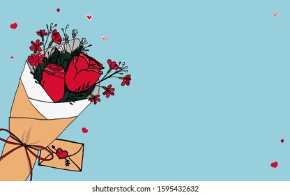 A bouquet of roses and other flowers for Valentine's Day on blue background. Stock vector illustration. Hand drawn
