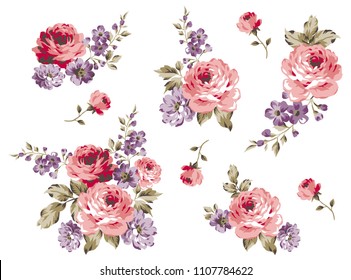 Bouquet Roses Pattern isolated flowers for textile pattern, fashion print on white background, vector roses