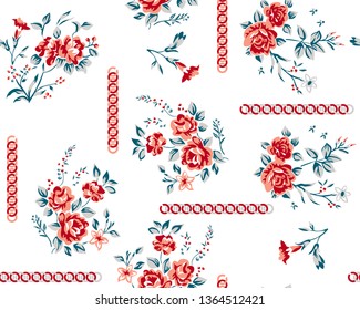 Bouquet roses pattern with ornaments on white background for textile print