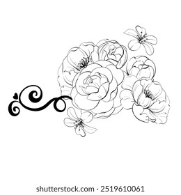 Ramo de rosas, patrón de peonías, arreglo. Flor romántica de primavera con hojas, rizo en estilo vintage. Línea de Vector gráfico, dibujado a mano, silueta negra. Para el diseño, logotipo, postales, boda