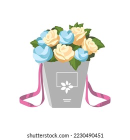 Bouquet of roses or peony in gift box cartoon illustration. Gorgeous white and blue flowers in beautiful package. Flower delivery, transportation, service concept