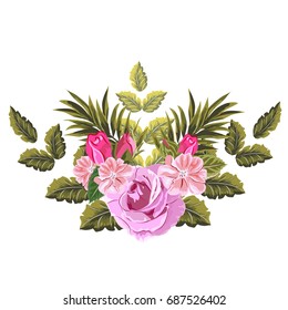 Bouquet of  roses and pink geranium. Decor elements for greeting cards, wedding invitations, birthday and other celebrations. Isolated on white background.