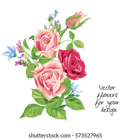 Bouquet of roses, pink, red, blue flowers and bud, green leaves on white background, digital draw, decorative illustration, vector