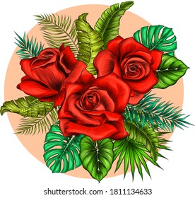 bouquet of roses red and palm leaves to create composition pattern flowers vector illustration