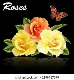 Bouquet of roses with reflection.Vector illustration with a bouquet of colorful roses with a reflection on a black background.