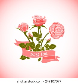 Bouquet of roses with ribbon and hand text with love.Card bridal shower or invitation with flowers