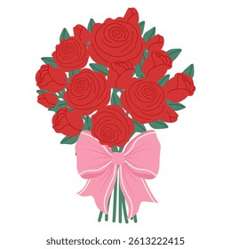 Bouquet of roses, rosebuds and leaves tied with a pink ribbon. Perfect for Valentine's Day, weddings and romantic events. Vector illustration