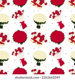 Bouquet of roses seamless pattern. Floral repeat print with different bouquets on a white background. Vector illustration