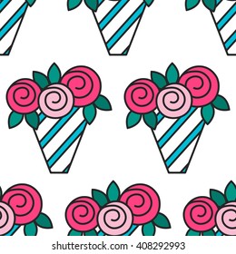 Bouquet of roses. Seamless pattern with flowers on white background.