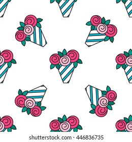 Bouquet of roses. Seamless pattern with flowers on white background.