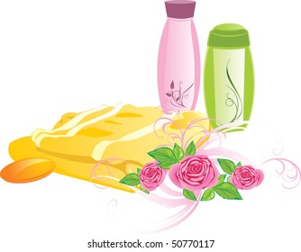 Bouquet of roses and set for bathing. Vector