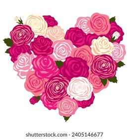 A bouquet of roses in the shape of a heart. Illustration for Valentine's Day, birthday, wedding. Illustrated vector clipart.