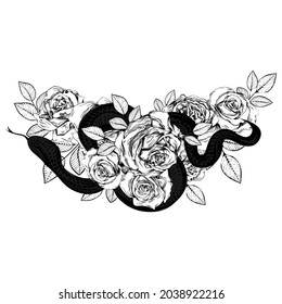 A bouquet of roses and a snake. Botanical line art illustration. Sketch. Gothic vintage tattoo.