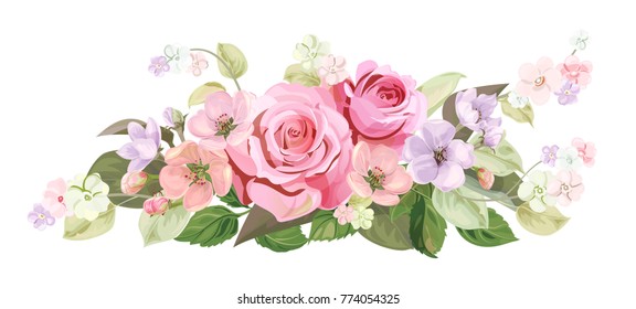 Bouquet of roses, spring blossom. Horizontal border with red, mauve, pink flowers, buds, green leaves on white background. Digital draw illustration in watercolor style, vintage, vector