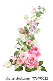 Bouquet of roses, spring blossom. Vertical border with red, mauve, pink flowers, buds, green leaves on white background. Digital draw illustration in watercolor style, vintage, vector