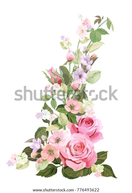 バラの花束 春の花 白い背景に垂直の境界と赤 青 ピンクの花 つぼみ 緑の葉 水彩 ビンテージ ベクター画像のデジタル描画イラスト のベクター画像素材 ロイヤリティフリー