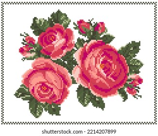 Bouquet of roses in the style of cross-stitching. Pixel art vector illustration. Embroidery