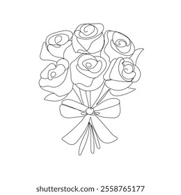 A bouquet of roses tied with a bow. One solid black line . for greeting card design 