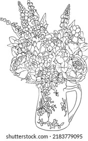 Bouquet of roses in a vase coloring book hand vector