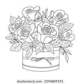 A bouquet of roses is in a vase. The roses are of different colors and sizes. The vase is white and has a ribbon tied around it. Scene is cheerful and bright