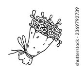 Bouquet of roses vector icon. Hand drawn doodle isolated on white. A bunch of beautiful plants with flowers, buds, leaves in wrapping paper. Gift for wedding, date. Black outline, clipart for print