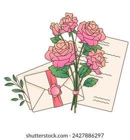 Ramo de rosas. Ilustración vectorial de sobre con flores de rosa y hojas. Perfecto para la decoración de la tienda de flores, tarjetas, invitaciones, banners. Para el día de San Valentín, el día de la madre. 