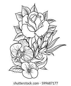 A bouquet of roses, violets, orchids. Element of decor. Bouquet in line style. Vector Flower Collection