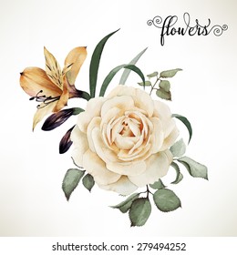 Bouquet de rosas, acuarela, se puede usar como tarjeta de saludo, tarjeta de invitación para la boda, cumpleaños y otras vacaciones y fondo de verano. Vector.
