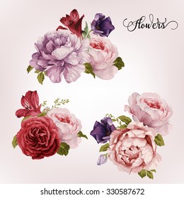 Bouquet of roses, watercolor, can be used as greeting card, invitation card for wedding, birthday and other holiday and  summer background. Vector.
